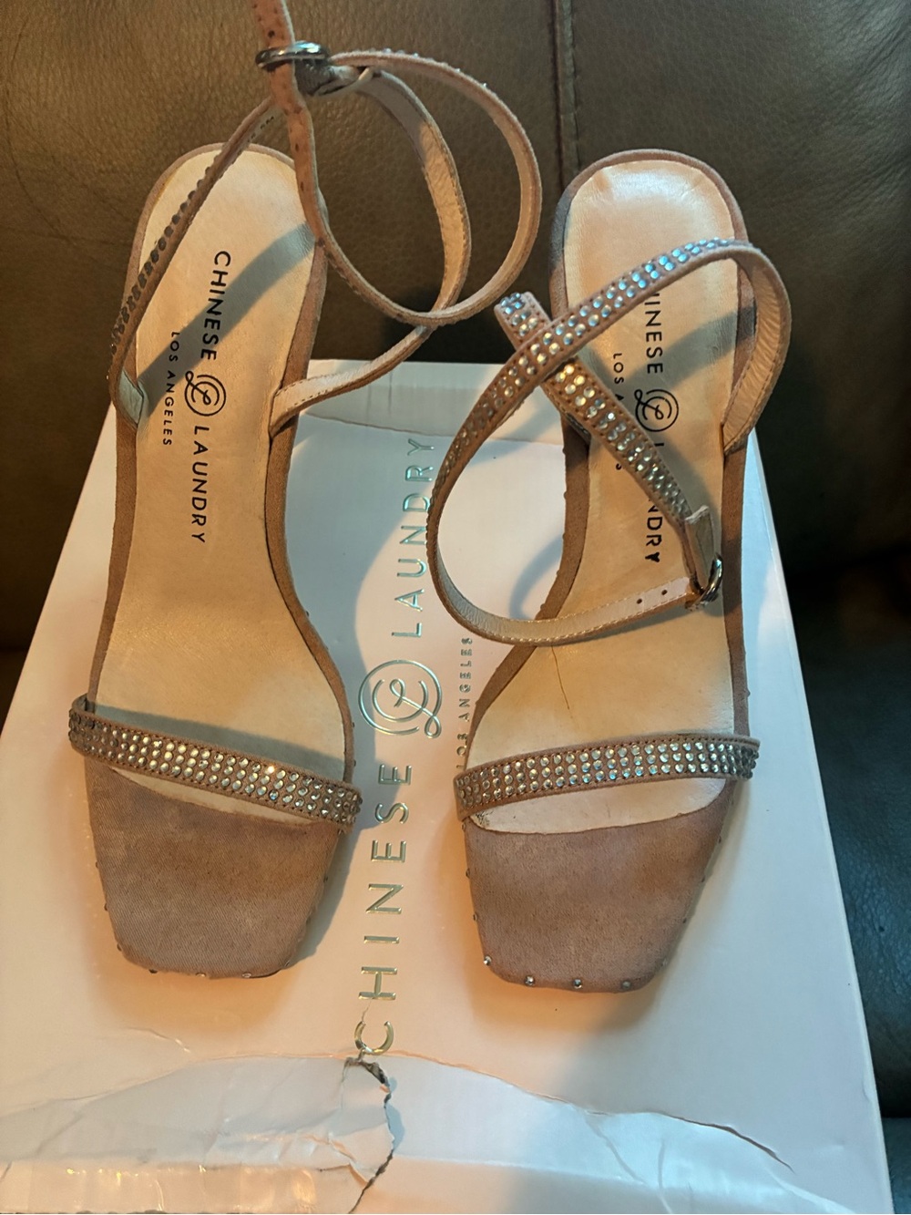 Chinese Laundry Taupe Suede Rhinestone-Strap Heels